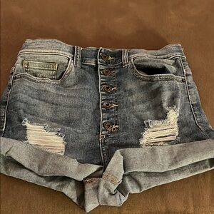 Denim Button-Up Distressed Shorts